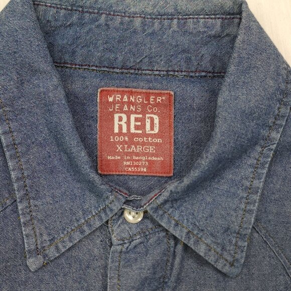 Mens Wrangler Jeans Co. Red Long Sleeve Denim Pearl Snap Shirt XL - Picture 4 of 10